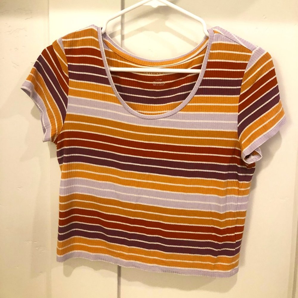 American Eagle AE Knit Baby Tee Rust Tone Stripes Size S